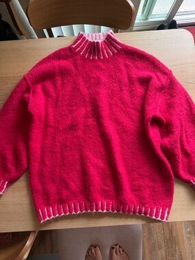 Bright Pink Mock Neck Sweater with Contrast Trim